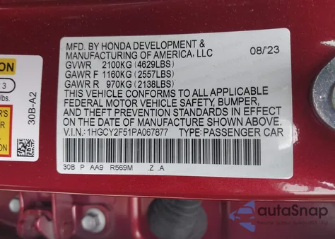 2023 Honda Accord Hybrid Sport from USA, damaged, VIN 1HGCY2F51PA067877